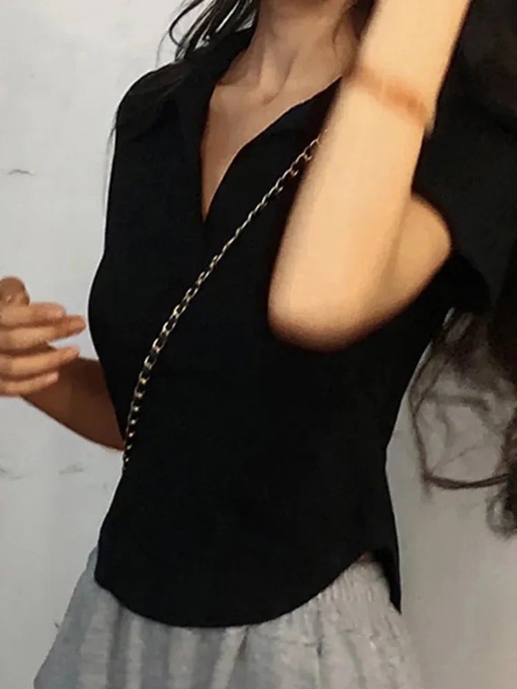 Women Summer Crop V Neck Slim Short Sleeve Knit Top