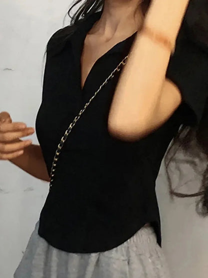 Women Summer Crop V Neck Slim Short Sleeve Knit Top