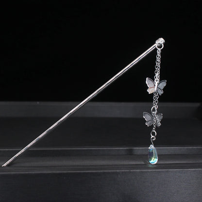 Fashion Metal Chinese Hair Stick with Butterfly Crystal Accent for Women in Silver and Gold - Elegant Hair Jewelry Accessory Gift
