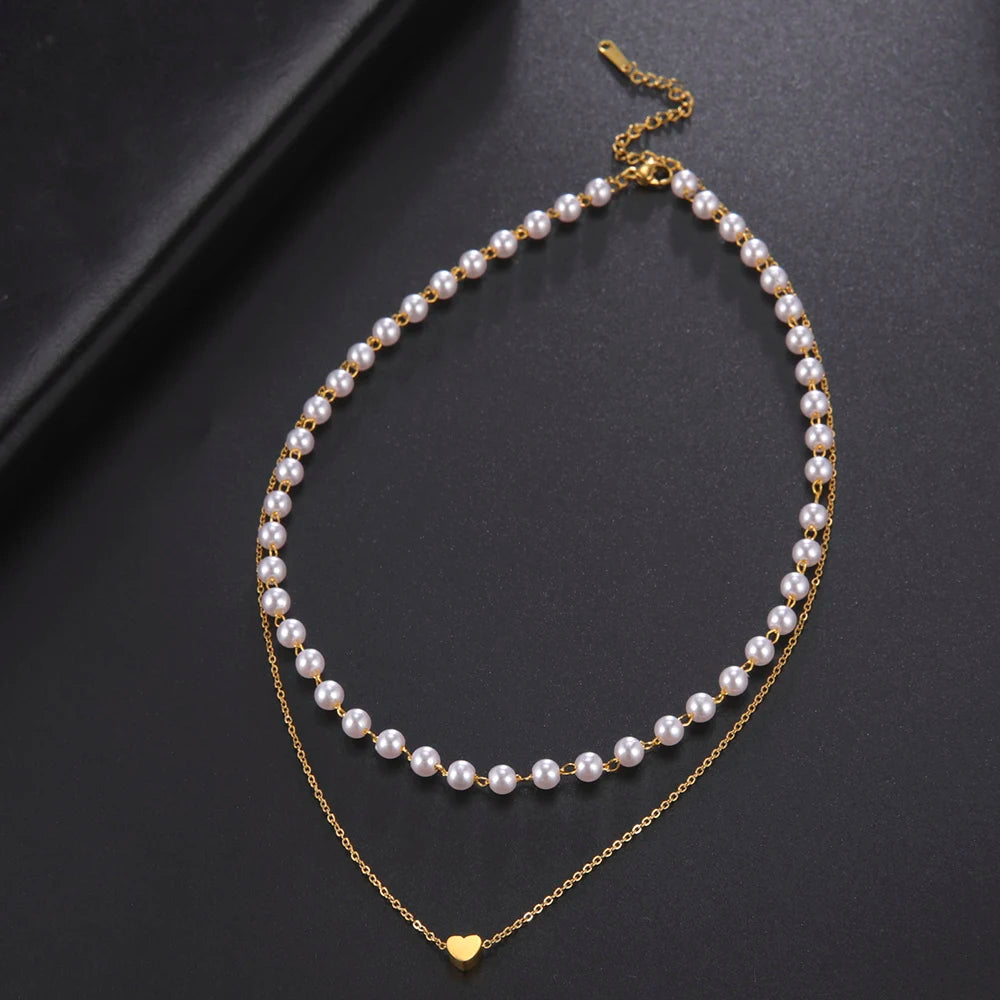 Skyrim Tiny Heart Choker Necklace Stainless Steel Double Layered Beads Chain Aesthetic Jewelry Gift for Women