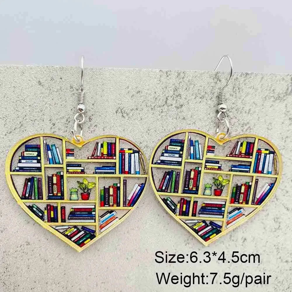 Cat Bookcase Dangle Earrings for Women Geometric Acrylic Rabbit Love Jewelry Gift for Teachers and Readers
