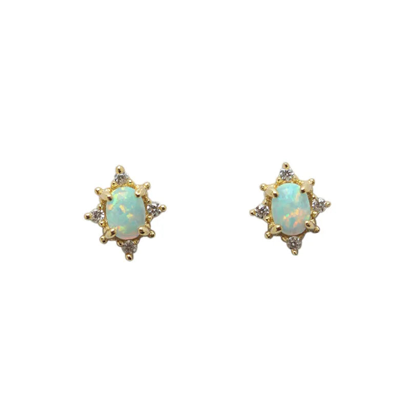 Vintage 925 Sterling Silver Opal Stud Earrings for Women Birthday Party Gift