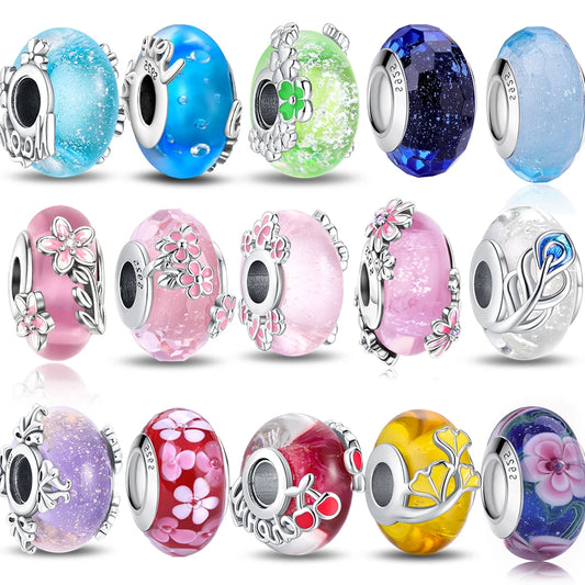 Colorful Flower Murano Glass Charm 925 Sterling Silver Top Rated DIY Jewelry for Bracelets and Necklaces