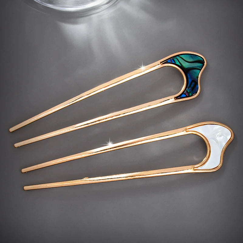 Elegant Silver Gold Enamel Shell Hairpin for Women U Shape Hair Stick Accessories