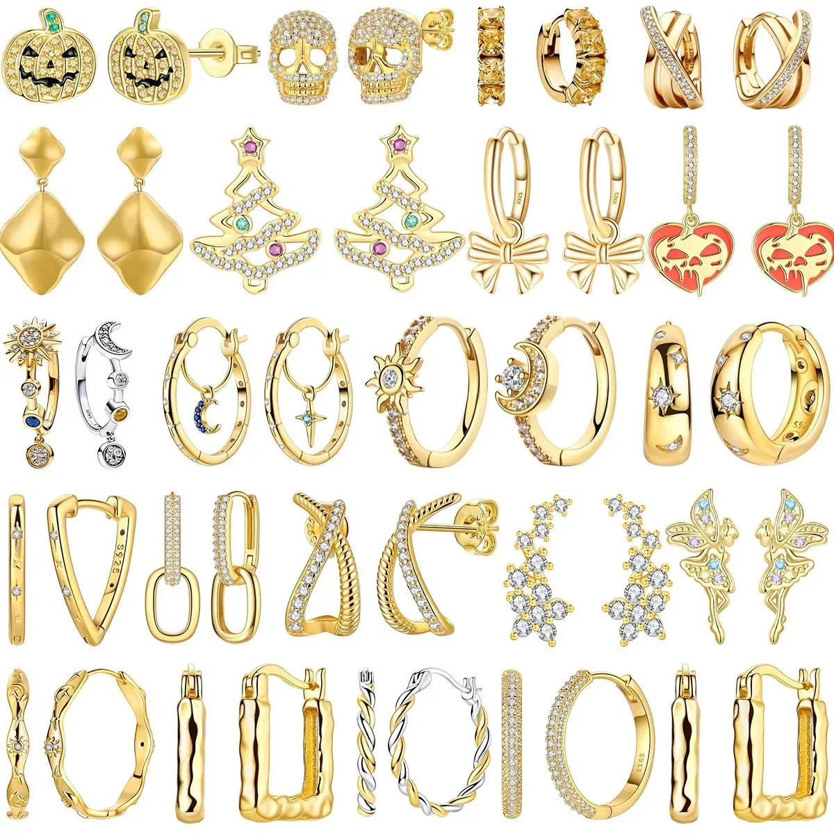 925 Sterling Silver Gold Hoop Earrings Halloween Pumpkin Skull Christmas Tree Zircon Studs for Women DIY Jewelry