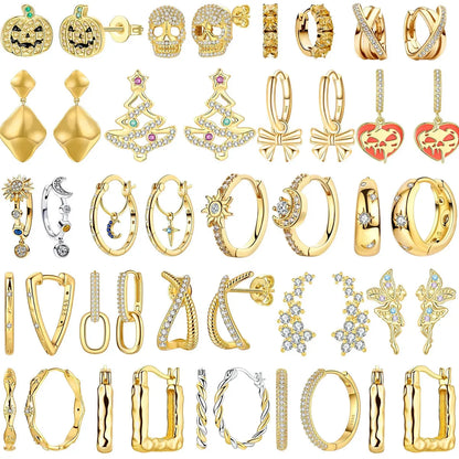 925 Sterling Silver Gold Hoop Earrings Halloween Pumpkin Skull Christmas Tree Zircon Studs for Women DIY Jewelry