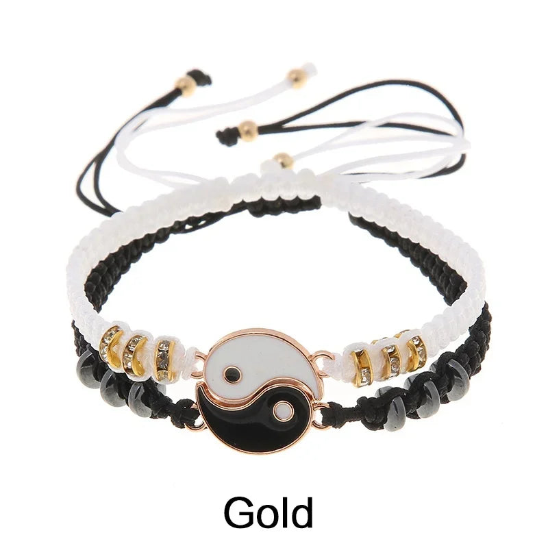 Adjustable Yin Yang Friendship Bracelets Set for Men and Women - Black and White Cord Couple Jewelry Gift