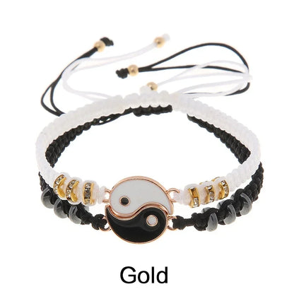 Adjustable Yin Yang Friendship Bracelets Set for Men and Women - Black and White Cord Couple Jewelry Gift