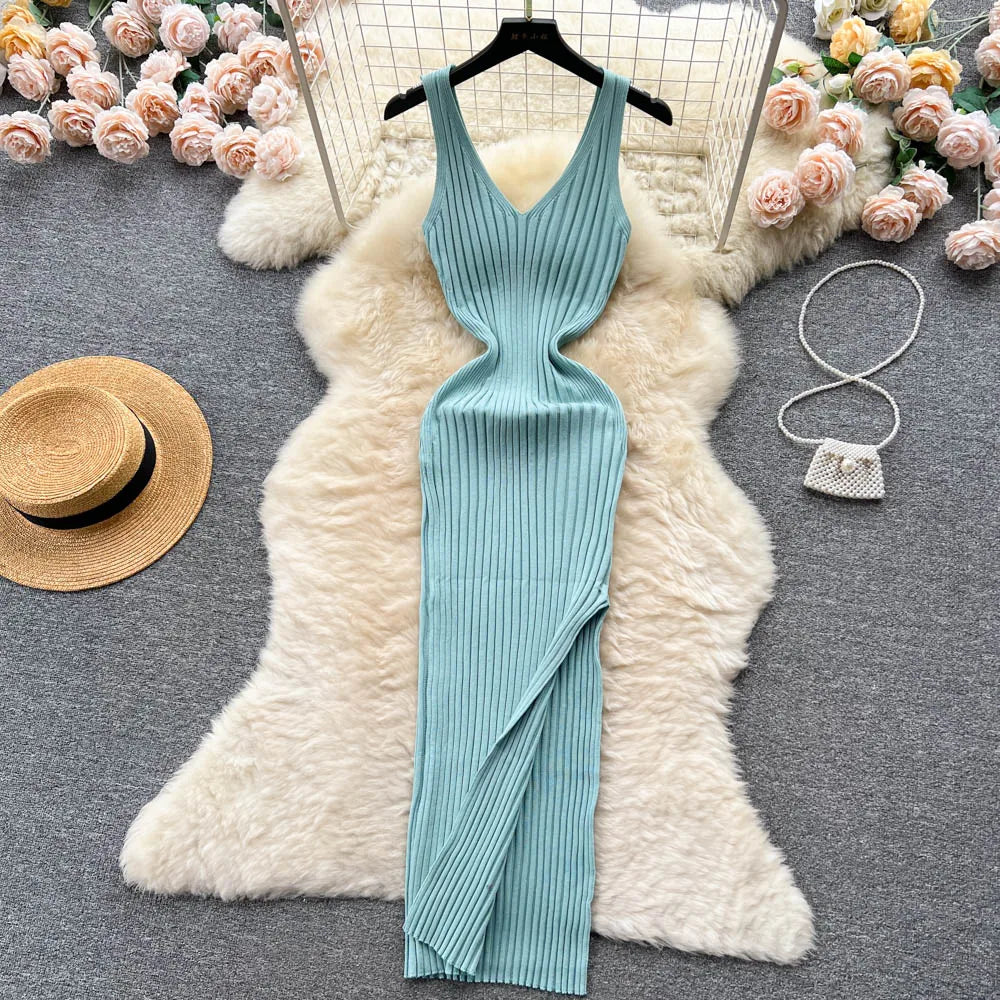 YuooMuoo Chic Fashion Sexy Wrap Hips Split Knitted Dress Cyan One Size