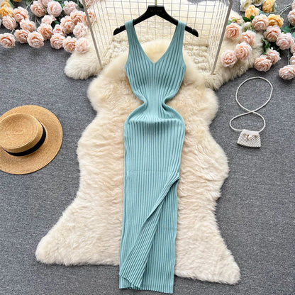 YuooMuoo Chic Fashion Sexy Wrap Hips Split Knitted Dress Cyan One Size