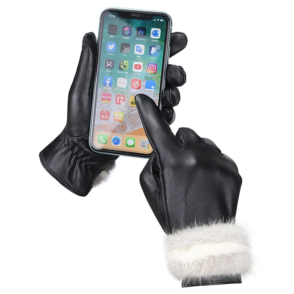 Autumn Winter Colorblocked Mink Lambskin Touchscreen Gloves