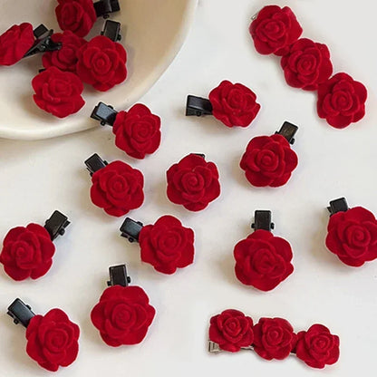 Velvet Rose Hairpins Set for Women and Girls - Elegant Red Flower Hair Clips for Weddings and Special Occasions