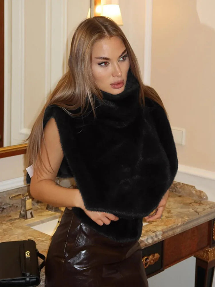 Solid Color Half Turtleneck Furry Sleeveless Patchwork Top