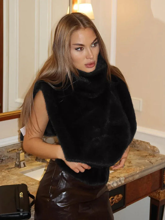 Solid Color Half Turtleneck Furry Sleeveless Patchwork Top