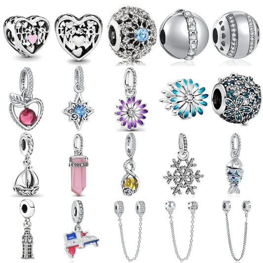 European 925 Sterling Silver Daisy Flower Fish Flag Pendant Bead Charm for Women's Bracelet and Necklace Jewelry