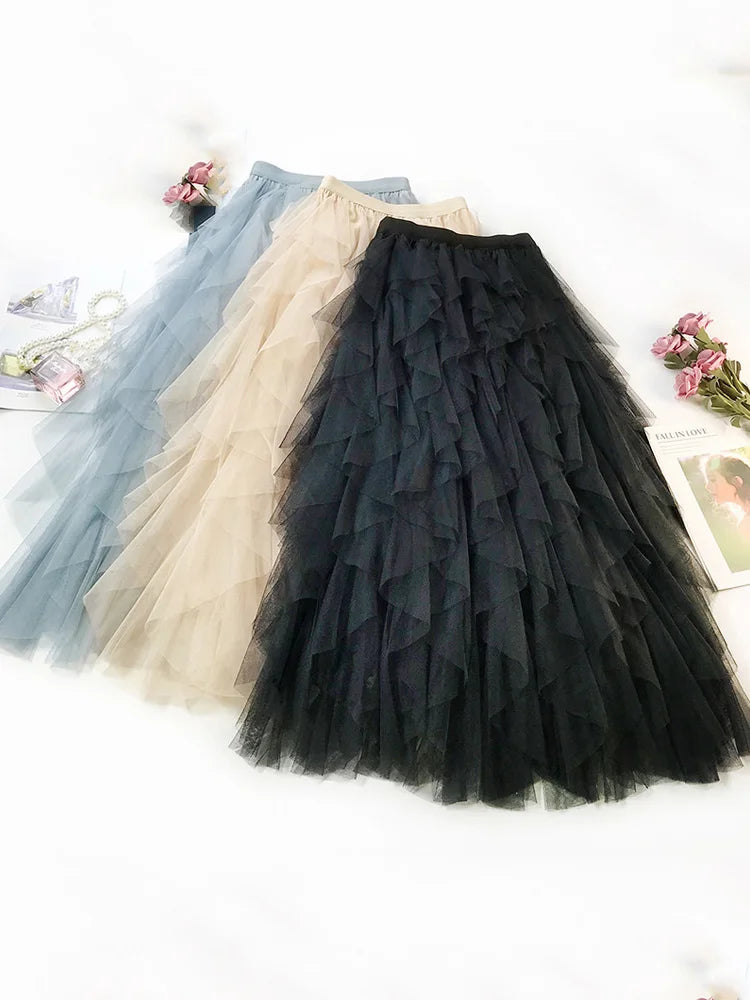 Korean Style Tutu Tulle Long Maxi Skirt For Women High Waist