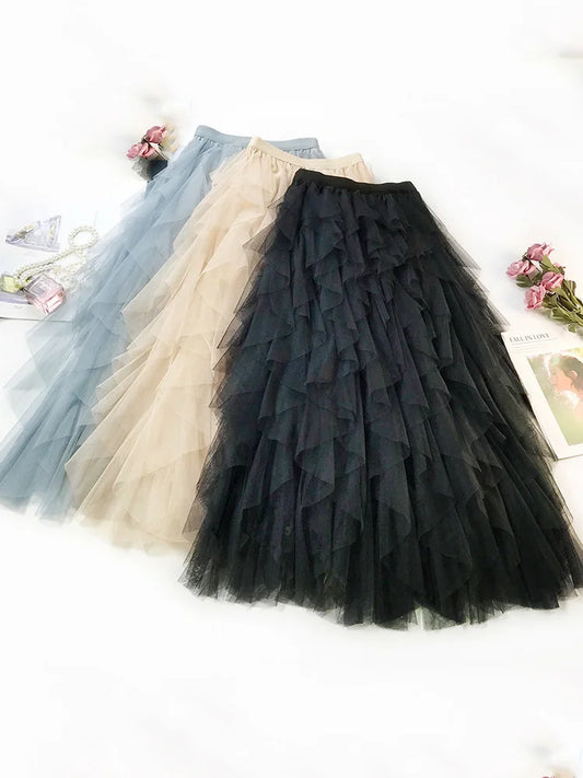 Korean Style Tutu Tulle Long Maxi Skirt For Women High Waist