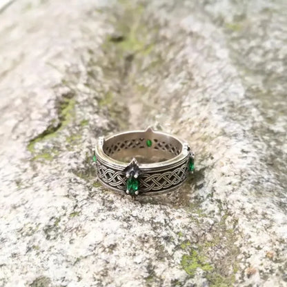 Vintage Green Gemstone Celtic Knot Adjustable Ring for Men and Women