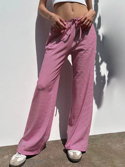 Womens Stripe Drawstring Low Waist Sweatpants Baggy Summer