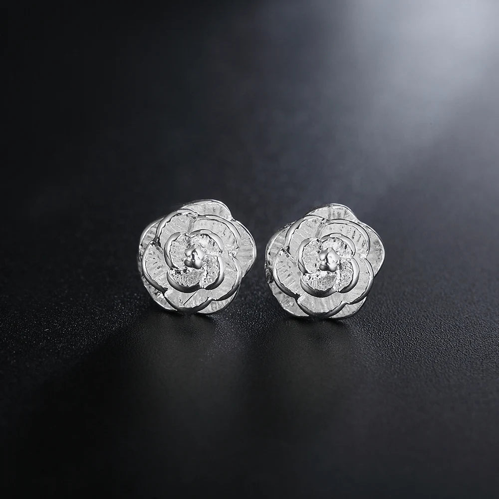 925 Sterling Silver Rose Flower Stud Earrings for Women Fashion Wedding Jewelry