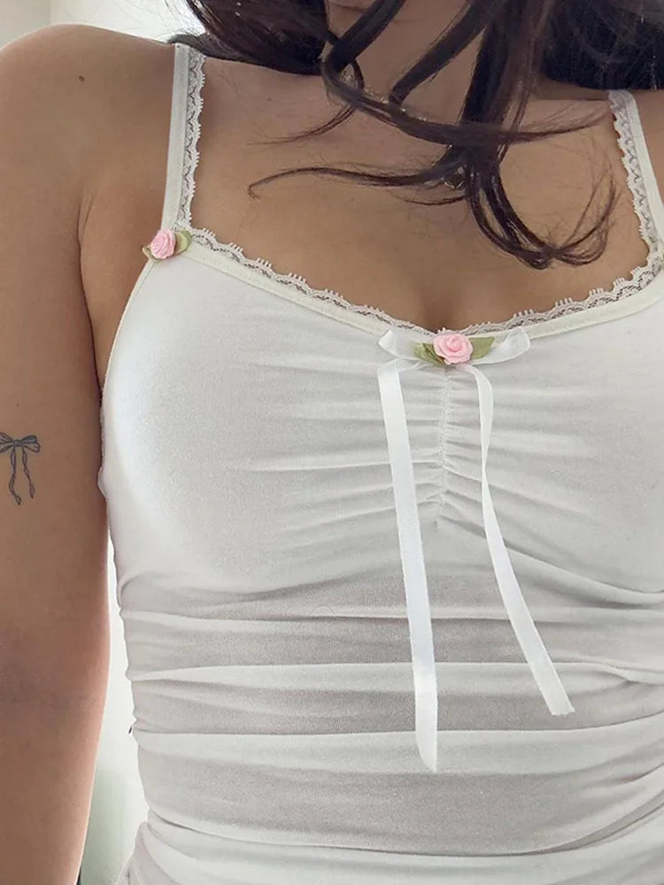 White Mesh Crop Top With Lace Floral See Through Camisole