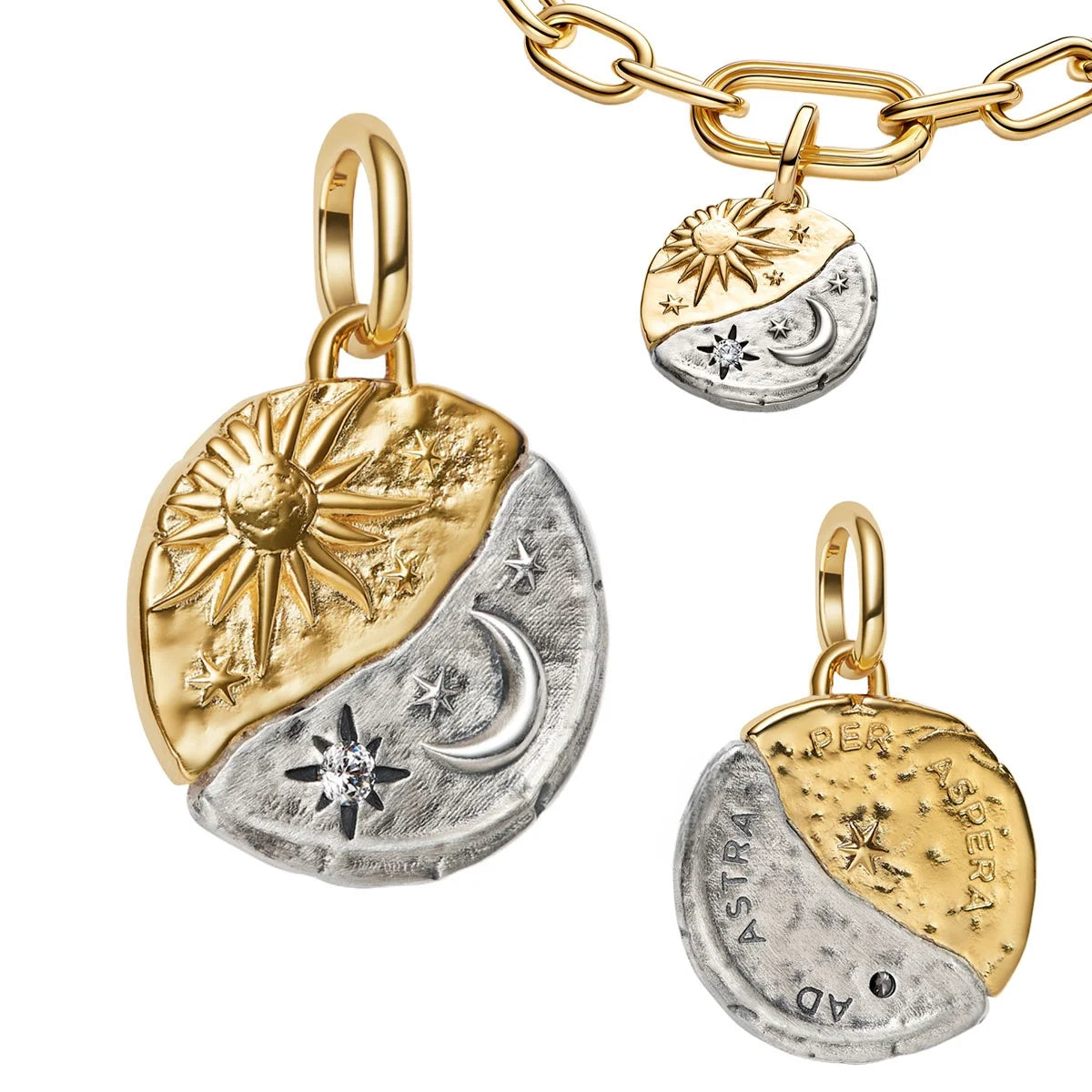 925 Sterling Silver Golden Geometry Charm Set with Heart Star Zircon Beads for DIY Womens Jewelry Gift