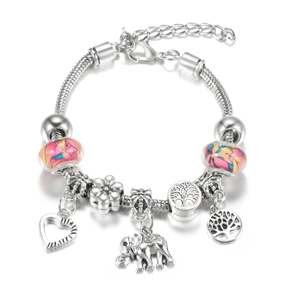 Elegant Heart Lock Charm Beaded Bangle Adjustable Snake Chain Bracelet for Women