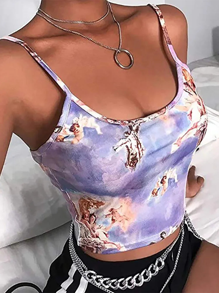 Angel Print Cropped Camisole Top for Women Sexy Streetwear
