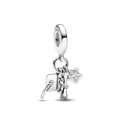 925 Sterling Silver Graduation Mortarboard Charm with Zircon Beads for DIY Bracelet Fine Jewelry Gift