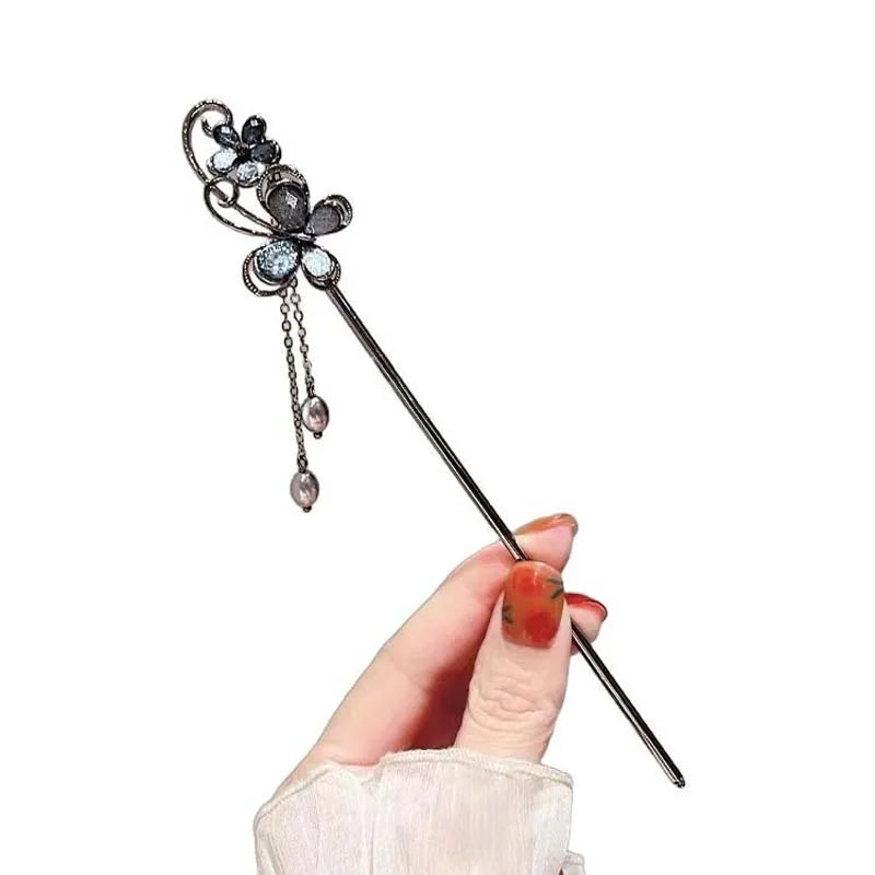 Vintage Chinese Ink Flower Tassel Hairpin With Black Beads Fringe For Women