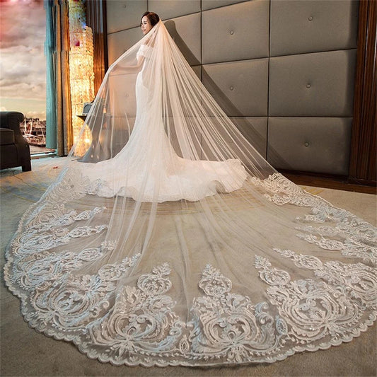 Ivory Cathedral Tulle Bridal Veil With Lace Edge And Comb