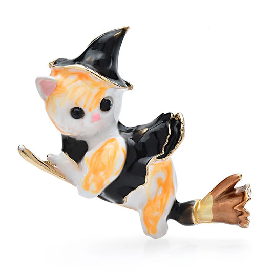 Wuli&baby Enamel Witch Cat Brooch Pin for Women - Mystical Animal Accessory for Casual and Party Wear