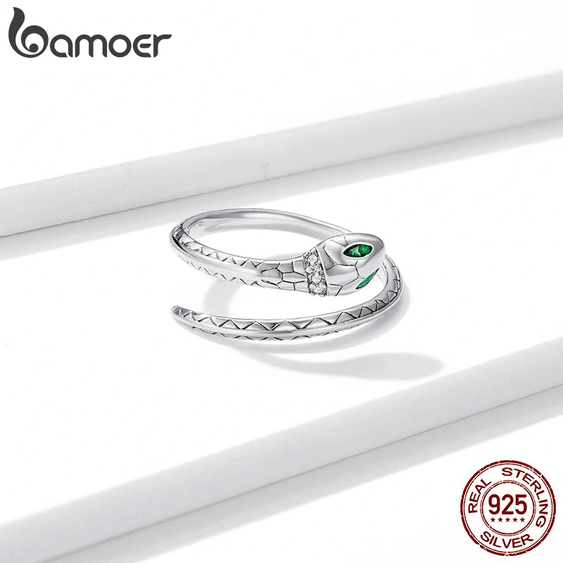 Bamoer Vintage Sterling Silver Snake Ring Adjustable Open Design for Women