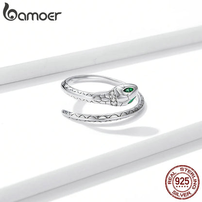 Bamoer Vintage Sterling Silver Snake Ring Adjustable Open Design for Women