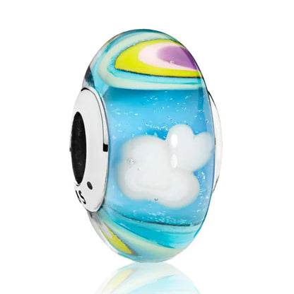 925 Sterling Silver Cosmic Rainbow Murano Glass Beads with Flower and Leaf Charms for DIY Women Jewelry