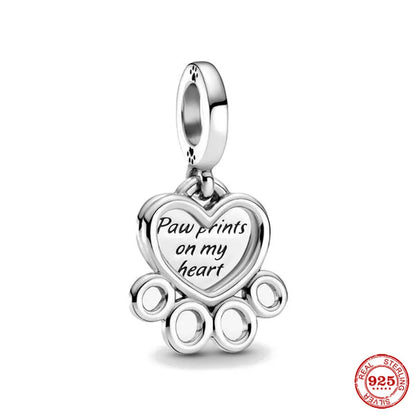 Sterling Silver Paw Print and Bone Charm Bead for Pet Bracelet Jewelry P385