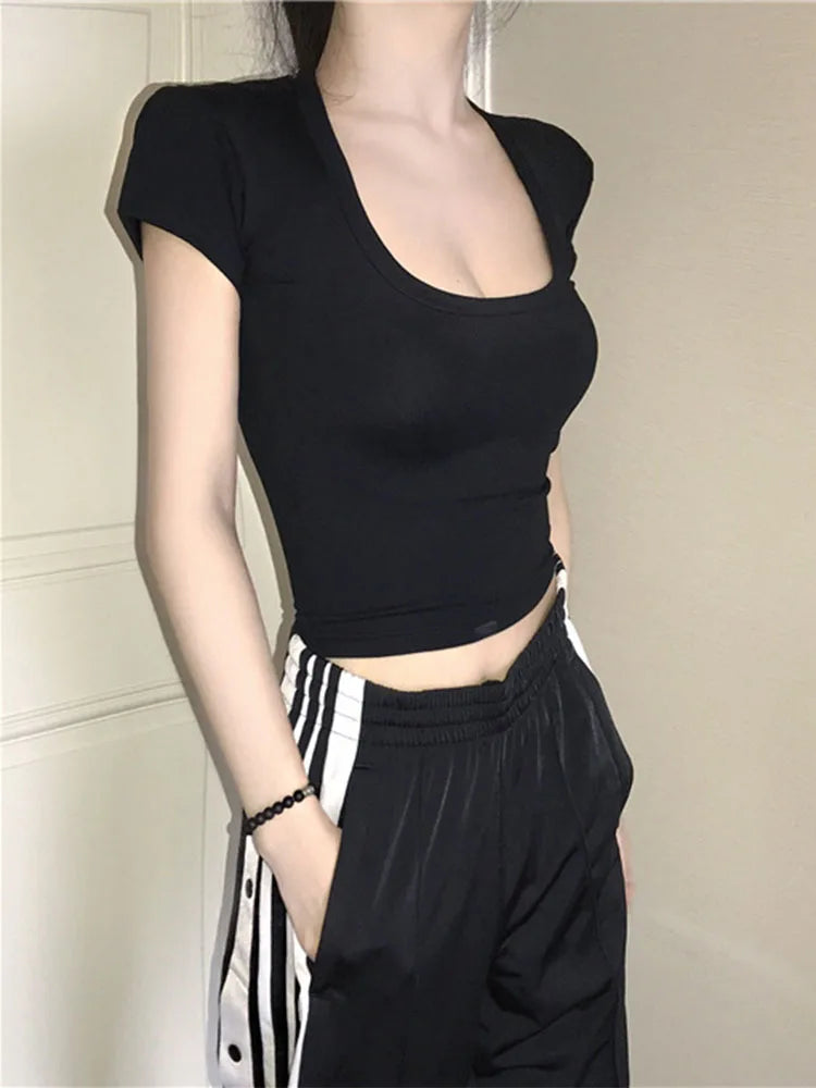 U Neck Crop Top High Waist Slim Solid Color Tee Street