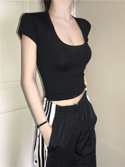 U Neck Crop Top High Waist Slim Solid Color Tee Street