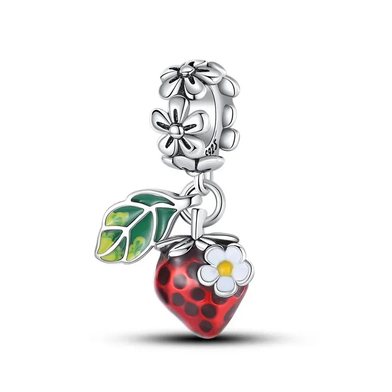 Original 925 Sterling Silver Red Charm Beads Set Heart Cherry Strawberry Flower Fish Zircon Accents for DIY Necklace and Bracelet Jewelry Gift