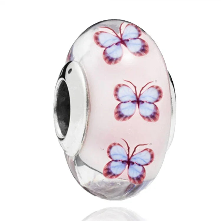 925 Sterling Silver Cosmic Rainbow Murano Glass Beads with Flower and Leaf Charms for DIY Women Jewelry