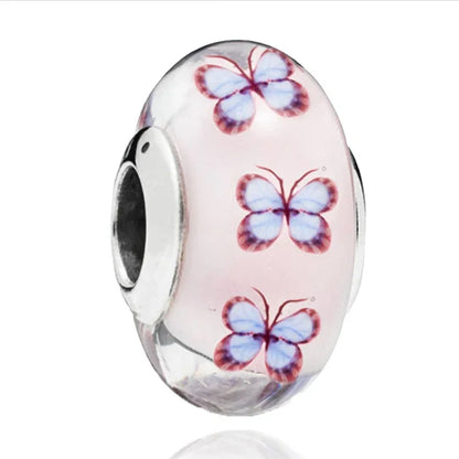 925 Sterling Silver Cosmic Rainbow Murano Glass Beads with Flower and Leaf Charms for DIY Women Jewelry