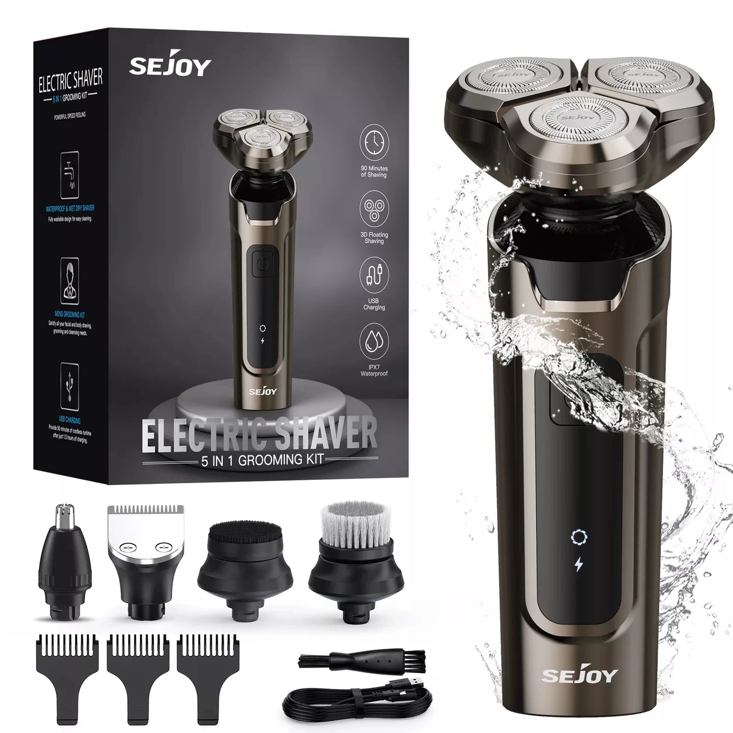 Sejoy 3 In 1 Multifunction Electric Shaver for Men Waterproof Beard and Nose Hair Trimmer with Fast Charging