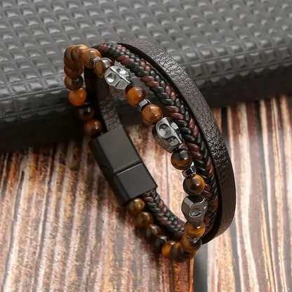 Men's Leather Bracelet with Stainless Steel Tree of Life Charm - Stylish Multi-Layer Fashion Accessory