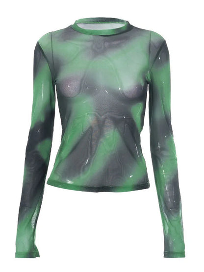 New Dozw Tie Dye Mesh Top For Women Round Neck Slim Fit