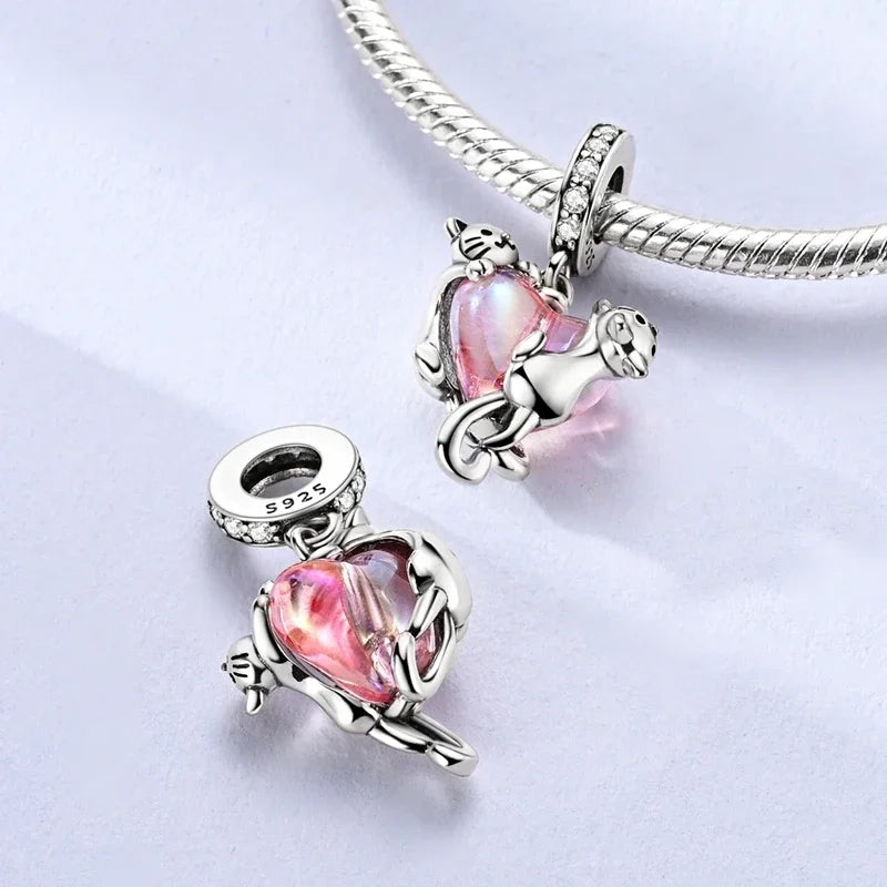 Sterling Silver Cat and Flower Heart Charm for DIY Bracelet Jewelry KTC1620