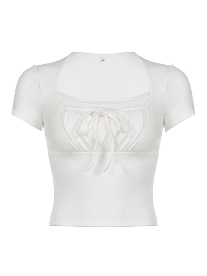 Dozw White Knit Top Tie Front Shirred Summer Tee Women