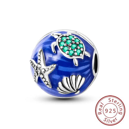 925 Sterling Silver Ocean Turtle Beach Charms Blue Shell