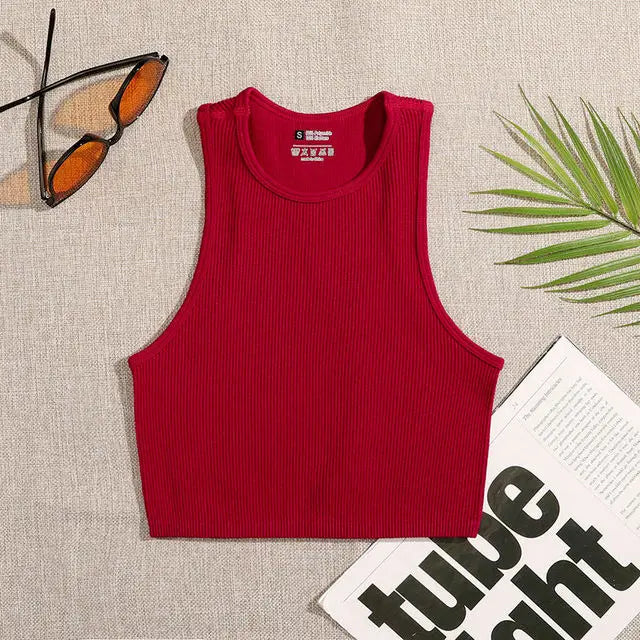 Women’s Seamless Rib-Knit Crop Top Elastic Sleeveless Casual Streetwear Tank