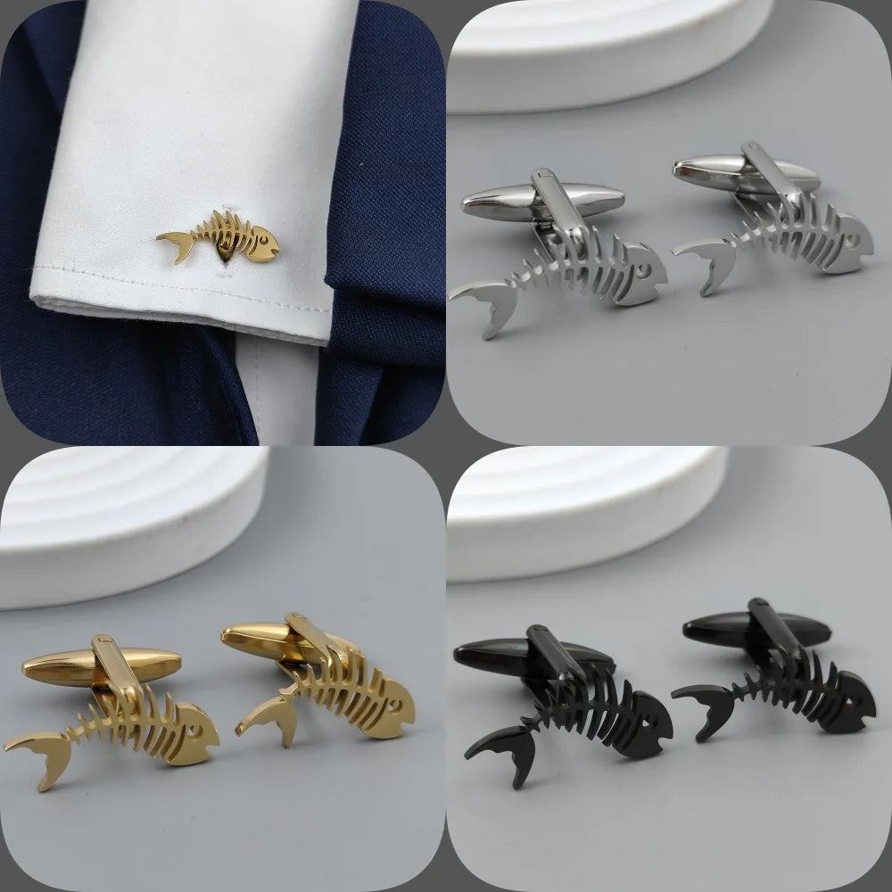 Gold-Plated Fish Bone Brooch Set for Men - Stylish Lapel Pin and Collar Accessory