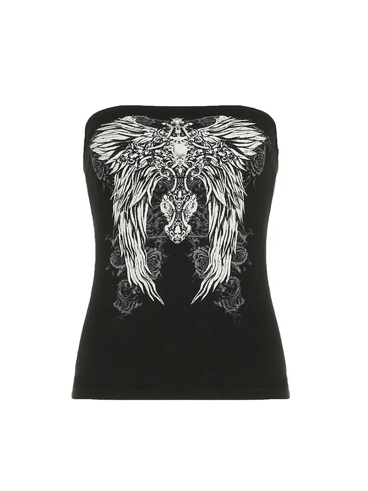 Gothic Print Black Strapless Cropped Tube Top Women